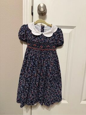 Edgehill Collection Navy Floral Smocked Dress with White Peter Pan Collar